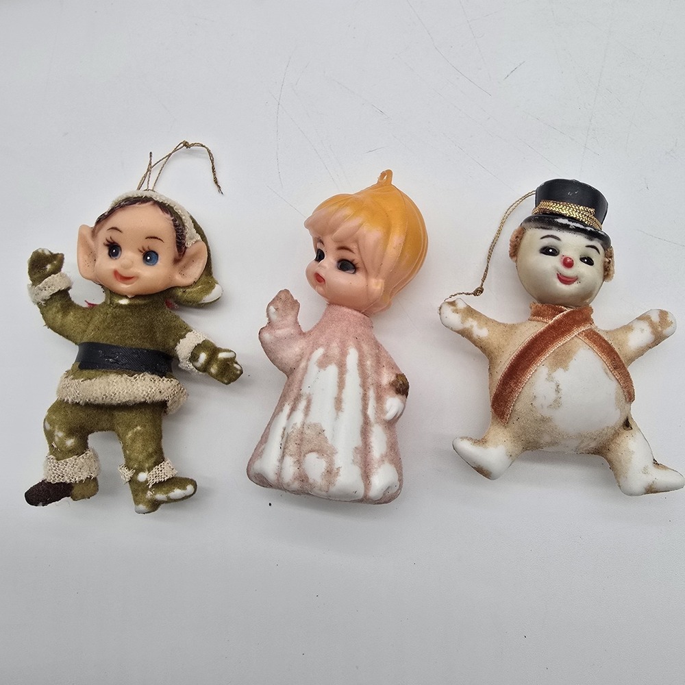 Vintage Christmas Ornaments Mixed Flocked Felt Fabric Lot Of 3 Elf Angel‎ Frosty